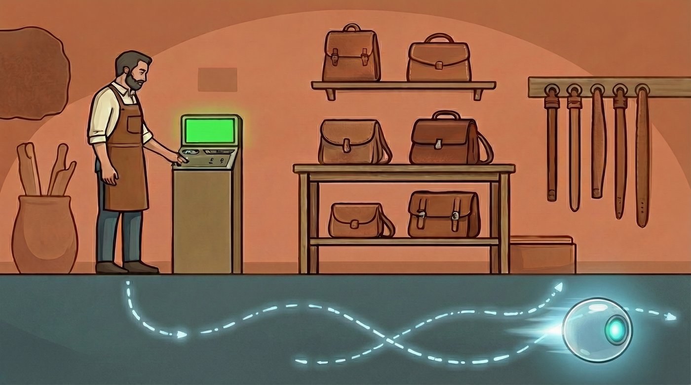 Two bands that do not meet. Above, in terracotta light, a shopkeeper in an apron works at a green-screened terminal among shelves of leather satchels and hanging belts. Below, in a dark strip sealed off from the shop, dashed luminous trails loop and cross and end in the agent’s glowing blue sphere with its single dark lens. The trails never enter the shop, and the shopkeeper never turns towards them.