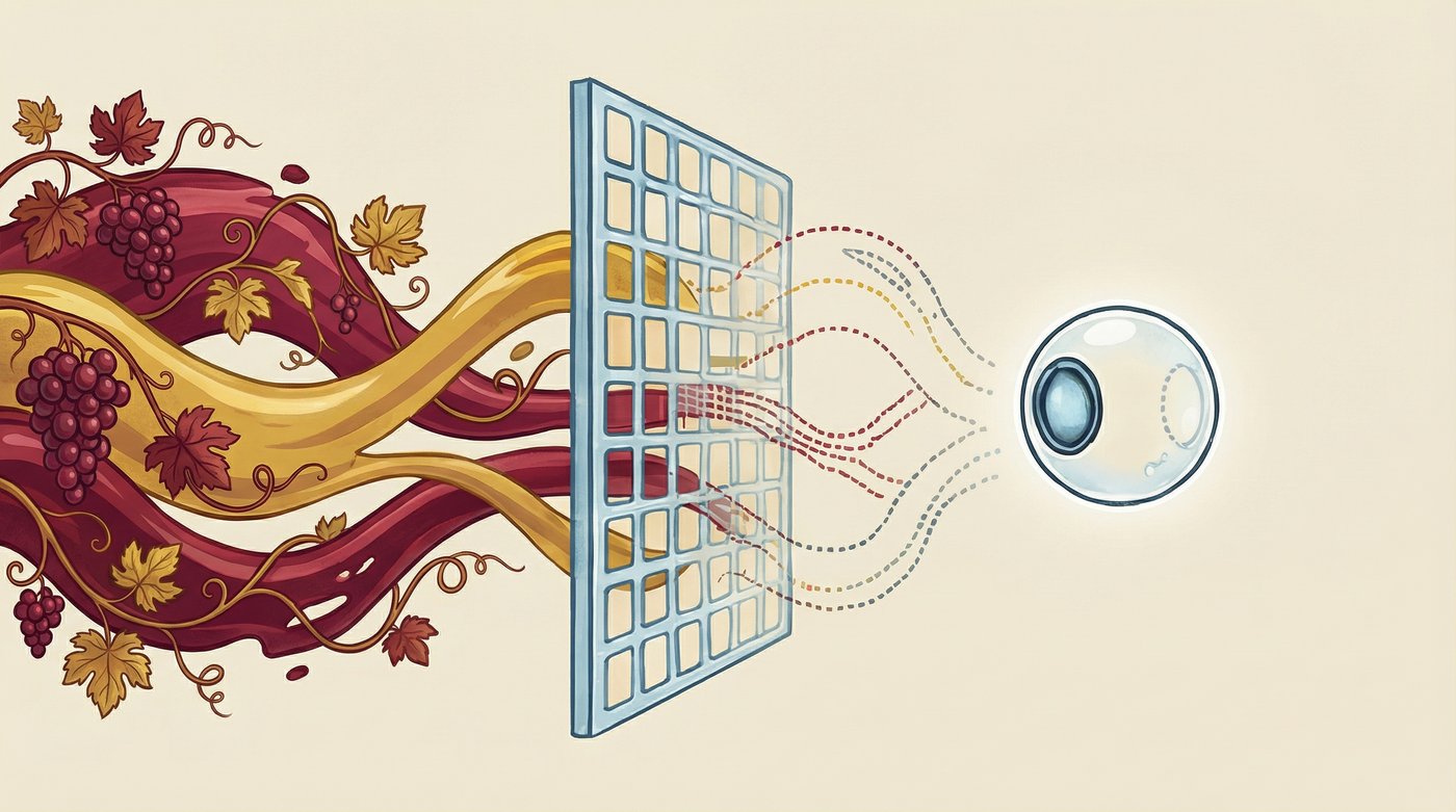 On cream, a broad ribbon of deep red and gold flows in from the left, carrying grape clusters, vine leaves and tendrils. It meets a pale blue grid standing upright like a screen. What emerges on the far side is no longer a ribbon: a few thin dotted lines, thinned and colourless, reaching the agent’s pale sphere with its single dark lens.
