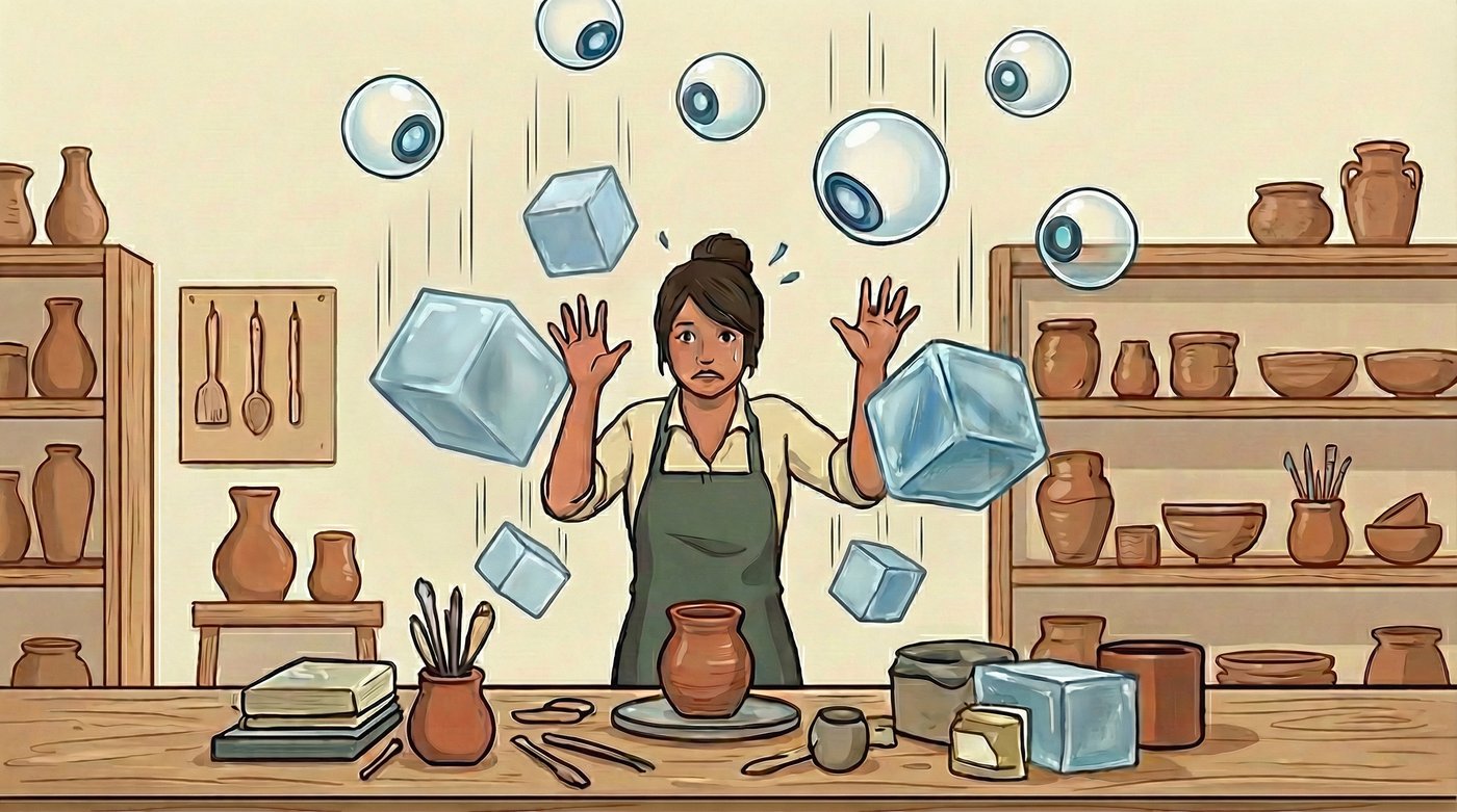A pottery shop in warm ochre, shelves of terracotta jars and bowls on both sides. A woman in an apron stands behind the counter with both hands raised in alarm as pale glass-blue cubes and lensed spheres fall through the air around her. Nothing has struck the pots yet. Her hands are raised in front of them, not in front of herself.