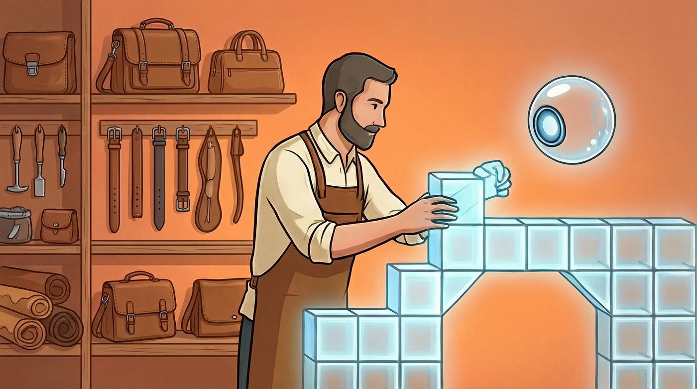 A leather workshop in warm orange, shelves of bags, belts and rolled hides. A bearded artisan leans forward and sets a pale glass cube into place, completing an arch built from identical cubes that spans from his side of the picture to the other. The agent’s sphere waits at the far end. He is laying the bridge himself, block by block.