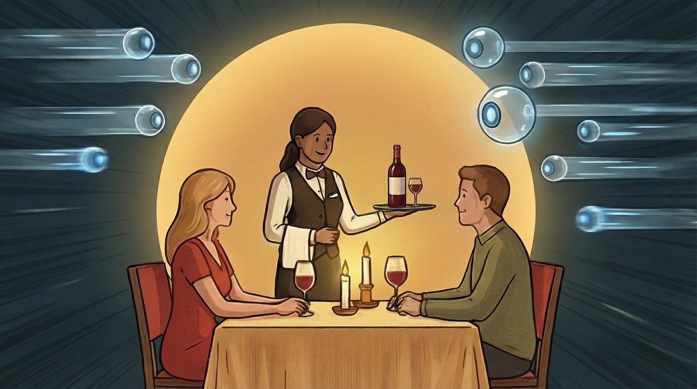 A restaurant table inside a circle of golden light: two guests seated, a waitress serving a bottle of red wine from a tray, candles and glasses on the cloth. All around, in the cold blue dark, the agent’s pale spheres streak past at speed on motion trails. Not one of them stops. The light does not reach them and they do not enter it.
